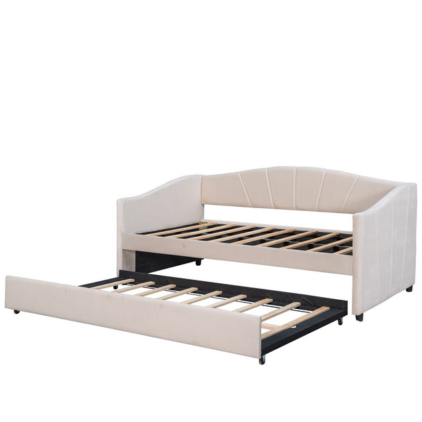Twin Size Upholstered Daybed Sofa Bed With Trundle And Slat - Beige