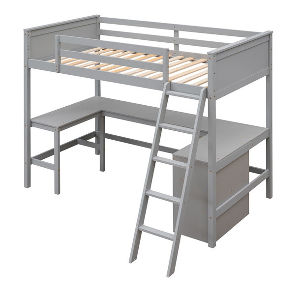 Twin Size Loft Bed With Shelves With Desk - Gray