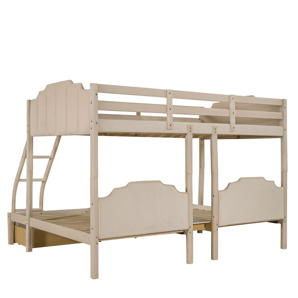 Full Over Twin & Twin Triple Bunk Bed With Drawers And Guardrails - Beige