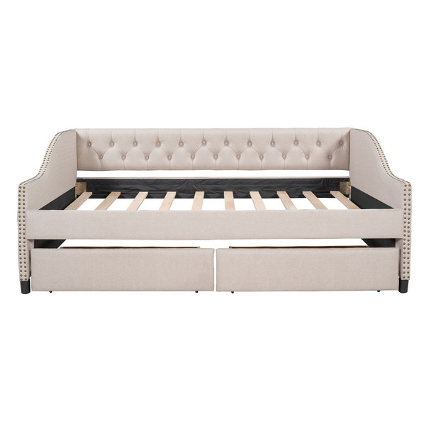 Full Size Upholstered Daybed With Two Drawers, Slat Support - Beige
