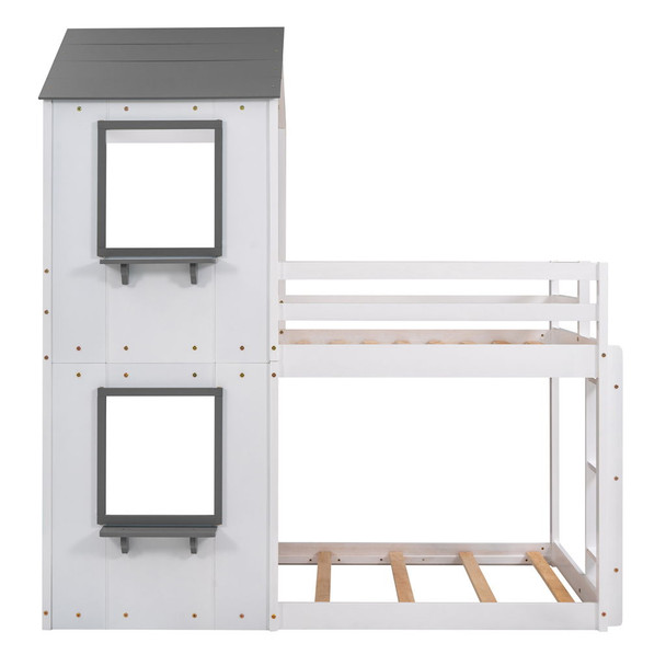 Twin Over Twin Bunk Bed & Roof, Window, Guardrail, Ladder - White