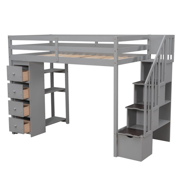 Twin Size Loft Bed With Storage Drawers And Stairs With Shelves - Gray