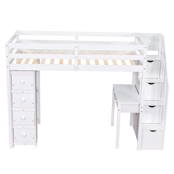 Twin Size Loft Bed With Storage Drawers, Desk And Stairs With Shelves - White