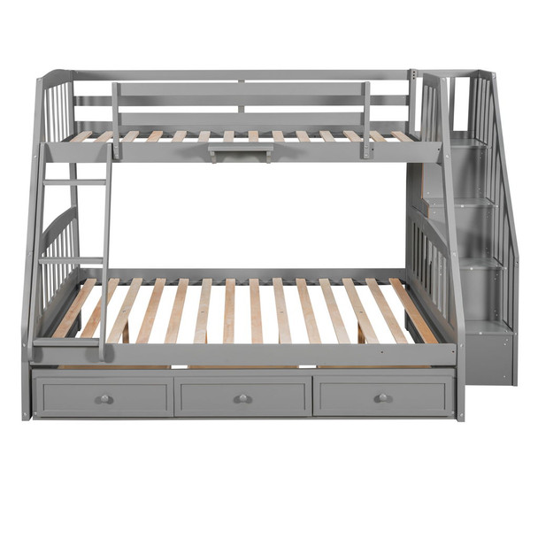 Twin Over Full Bunk Bed With Drawers, Ladder And Storage Staircase - Gray