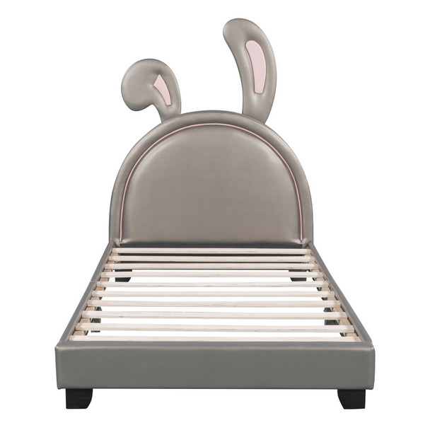 Twin Size Upholstered Leather Platform Bed With Rabbit Ornament - Gray