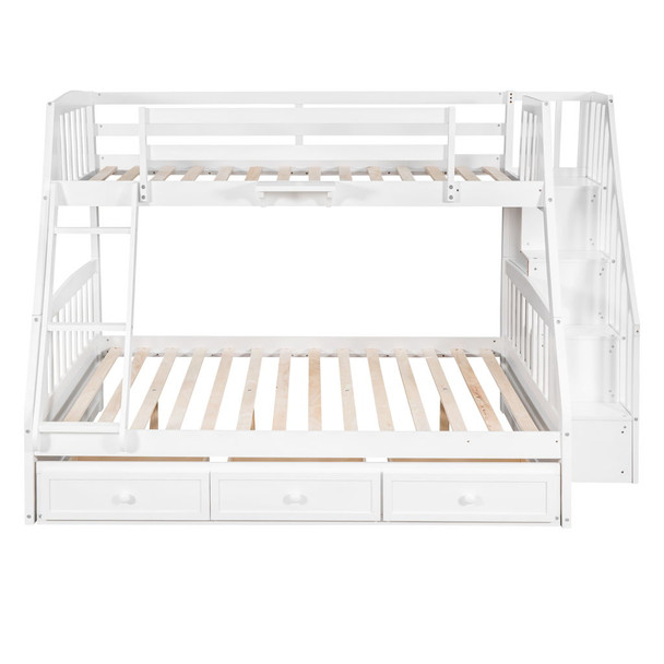 Twin Over Full Bunk Bed With Drawers, Ladder And Storage Staircase - White