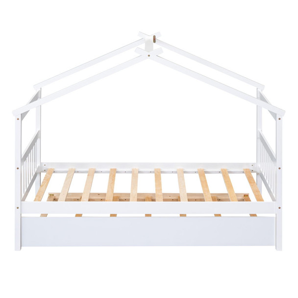 Twin Size House Bed With Twin Size Trundle - White