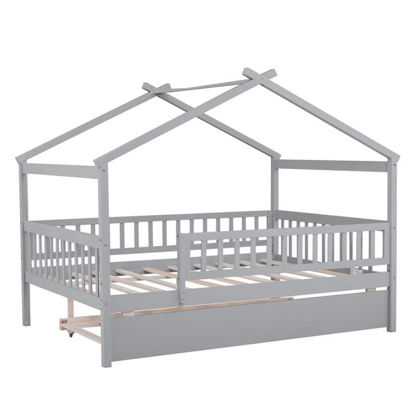 Full Size House Bed With Twin Size Trundle - Gray