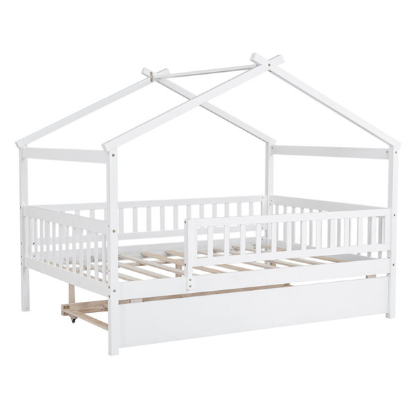 Full Size House Bed With Twin Size Trundle - White