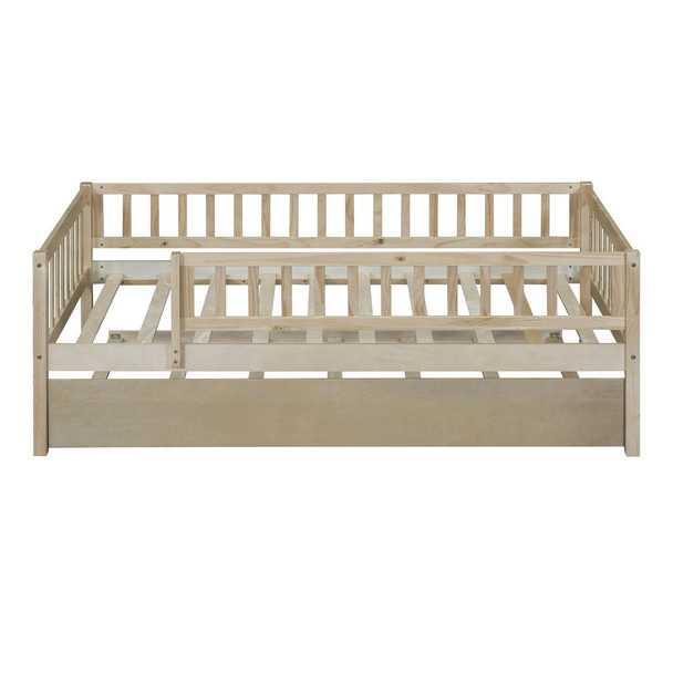 Twin Size Daybed With Trundle And Fence Guardrails - Natural