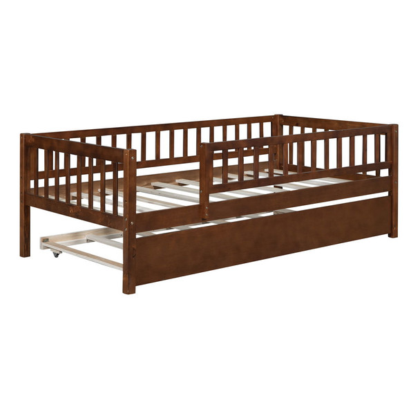 Twin Size Daybed With Trundle And Fence Guardrails - Walnut
