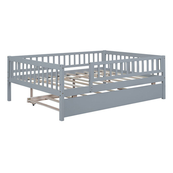 Full Size Daybed With Trundle And Fence Guardrails - Gray