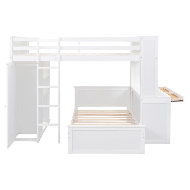Full Size Loft Bed With A Twin Size Stand Alone Bed, Shelves, Desk, And Wardrobe - White