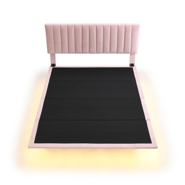 Queen Size Upholstered Bed With Sensor Light And Headboard, Floating Platform Bed - Pink