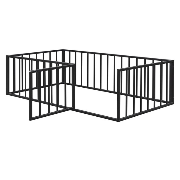 Twin Size Floor Bed Frame With Fence And Door - Black