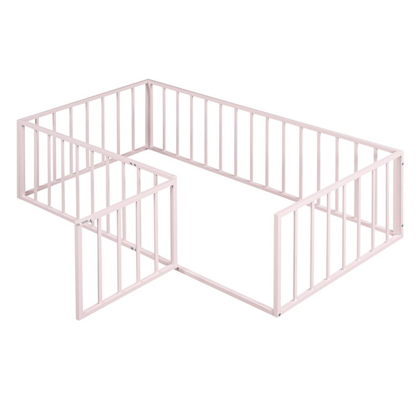 Twin Size Floor Bed Frame With Fence And Door - Pink
