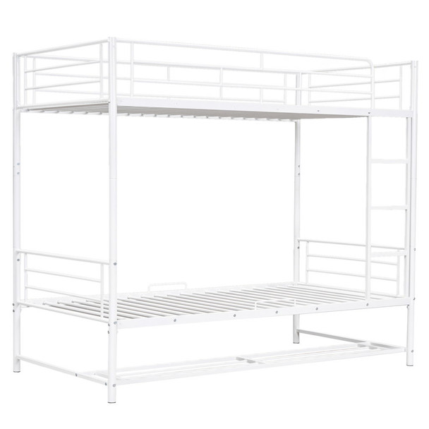 Twin Over Twin Bunk Bed With Shelf And Guardrails - White
