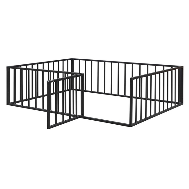 Full Size Floor Bed Frame With Fence And Door - Black