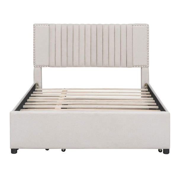 Full Size Upholstered Platform Bed With 2 Drawers And 1 Twin Size Trundle, Classic Headboard Design - Beige