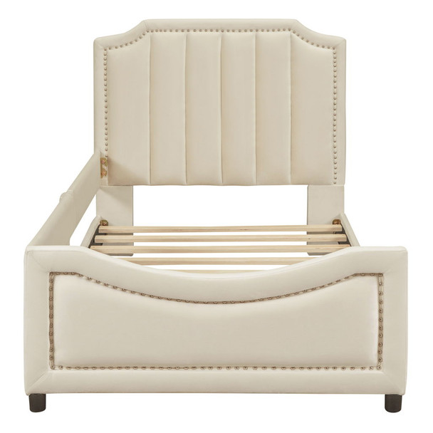 Twin Size Upholstered Daybed With Classic Stripe Shaped Headboard - Beige