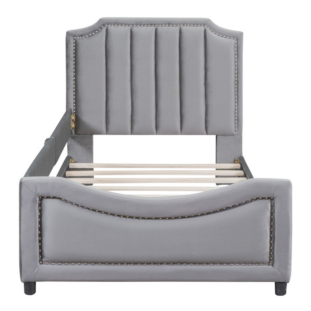 Twin Size Upholstered Daybed With Classic Stripe Shaped Headboard - Gray