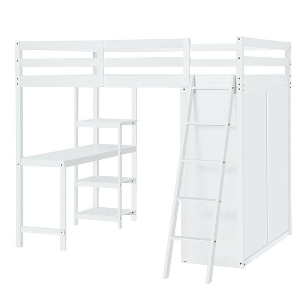 Full Size Loft Bed With Wardrobe And Desk And Shelves - White