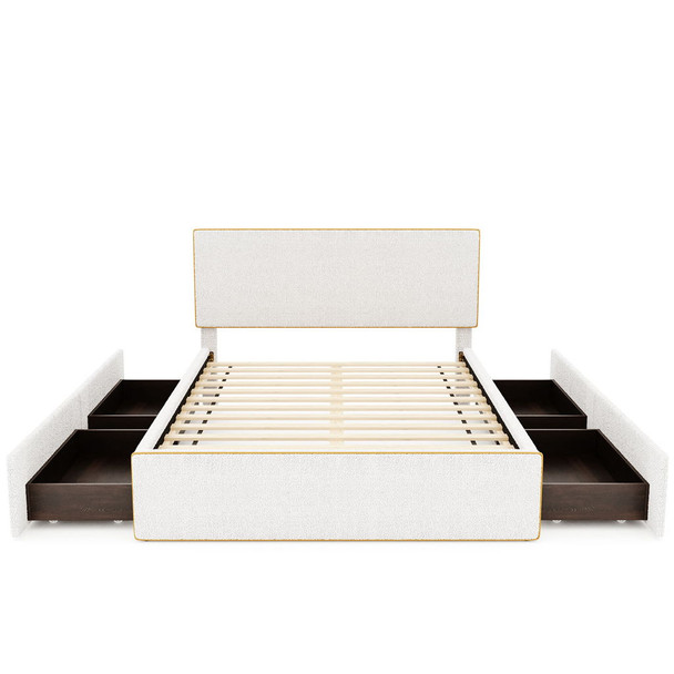 Full Size Upholstered Platform Bed With 4 Drawers And Edge On The Headboard & Footboard - White / Gold