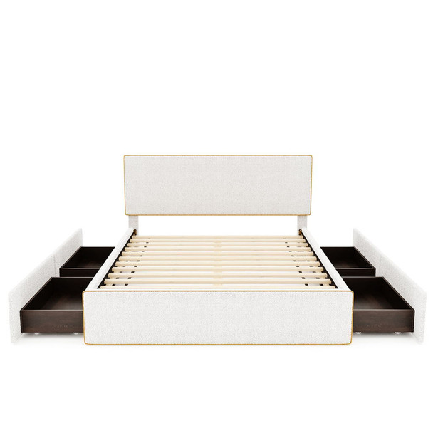Queen Size Upholstered Platform Bed With 4 Drawers And Golden Edge On The Headboard & Footboard - White