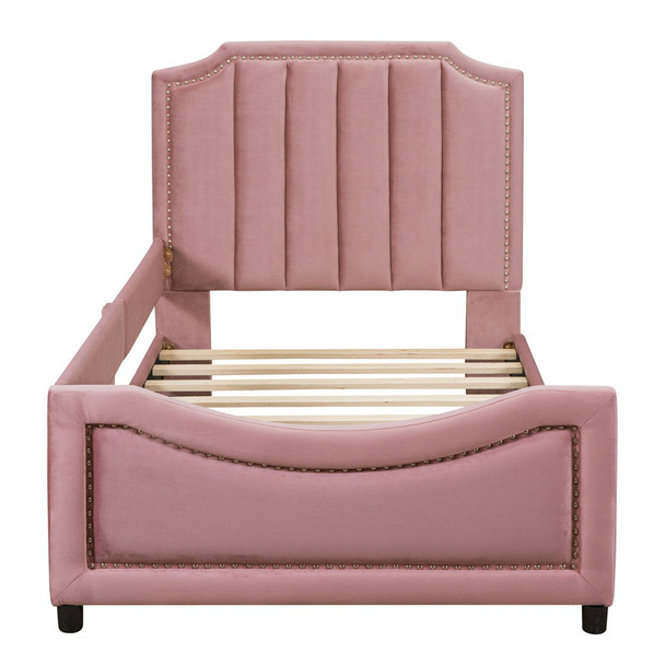 Twin Size Upholstered Daybed With Classic Stripe Shaped Headboard - Pink