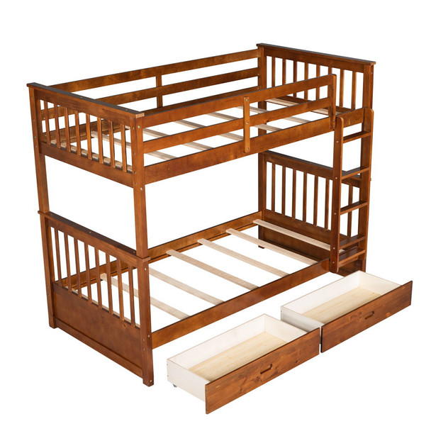 Twin Over Twin Bunk Bed With Ladders And 2 Storage Drawers - Walnut