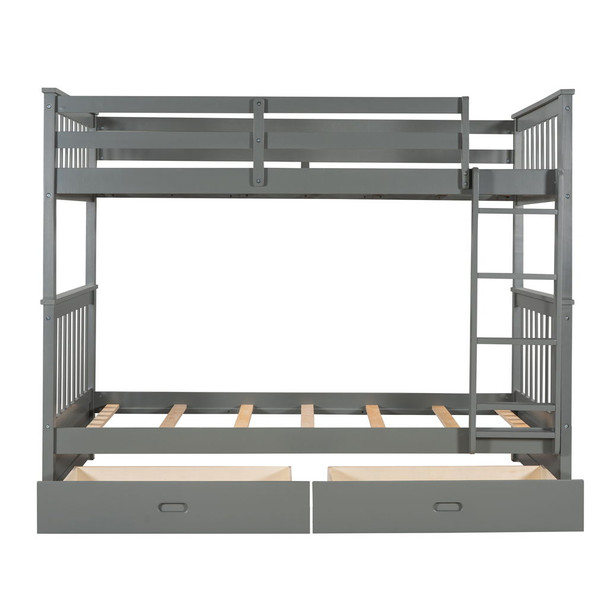 Twin Over Twin Bunk Bed With Ladders And 2 Storage Drawers - Gray