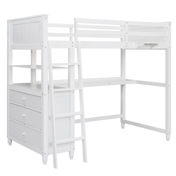 Twin Size Loft Bed With Drawers And Desk, With Shelves - White