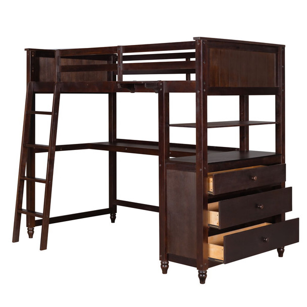 Twin Size Loft Bed With Drawers And Desk, With Shelves - Espresso