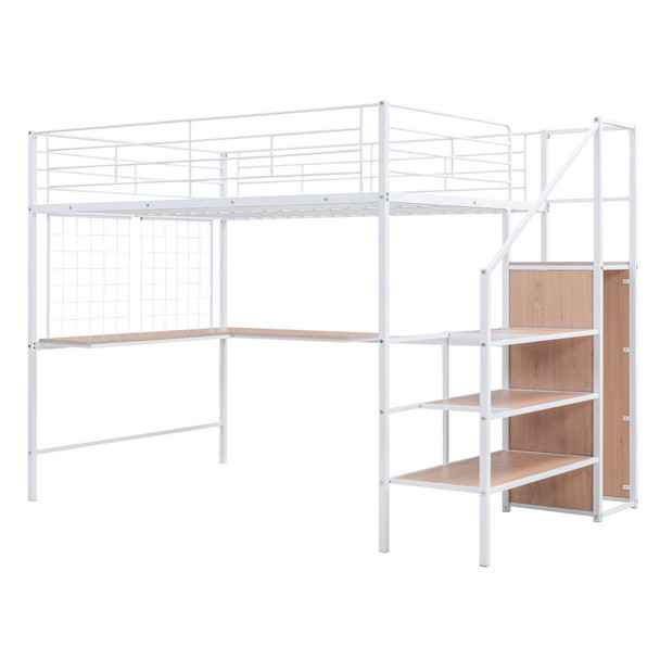 Full Size Loft Bed With Desk And Grid, Stylish Frame With Lateral Storage Ladder And Wardrobe - White