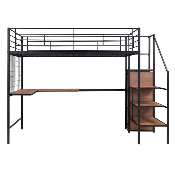 Full Size Loft Bed With Desk And Grid, Stylish Frame With Lateral Storage Ladder And Wardrobe - Black