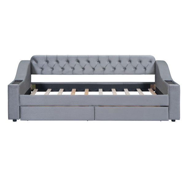 Twin Size Upholstered Daybed With Storage Armrests And USB Port - Gray