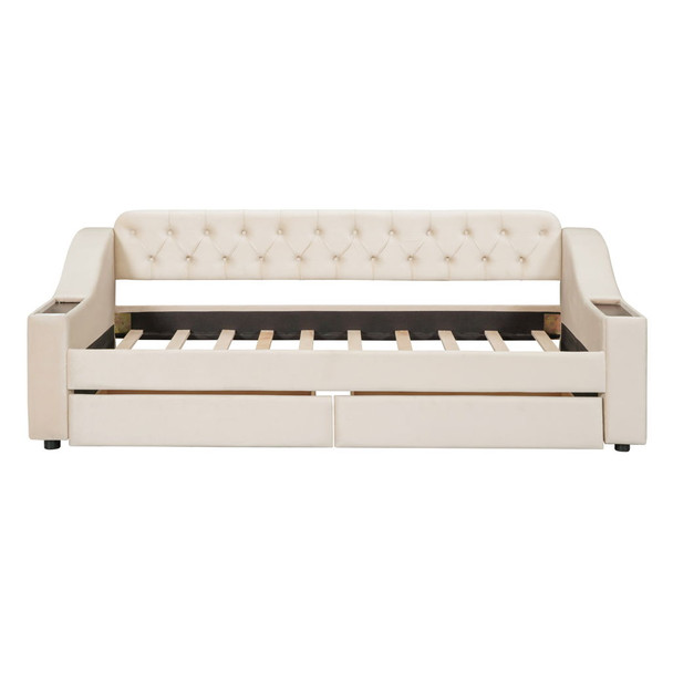Twin Size Upholstered Daybed With Storage Armrests And USB Port - Beige