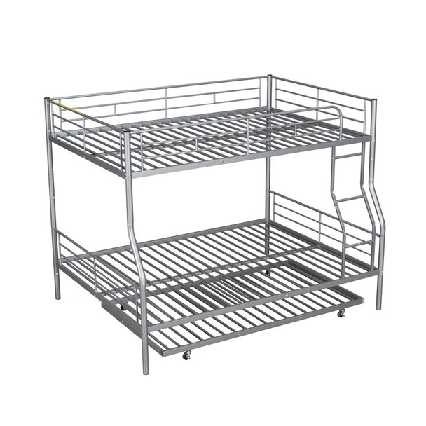 Full Long Over Queen Metal Bunk Bed With Trundle - Silver