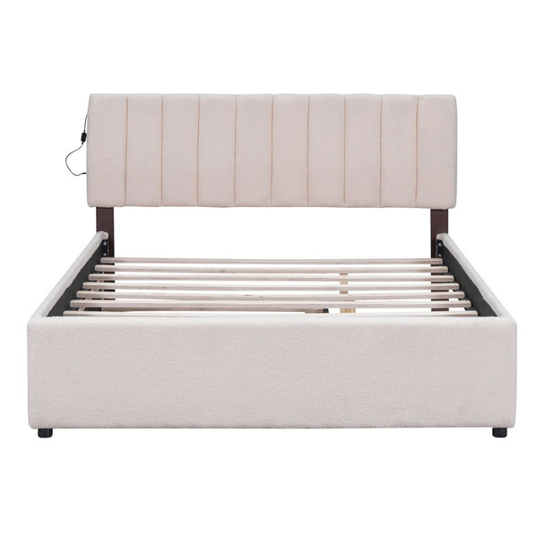 Queen Size Upholstered Platform Bed With Twin Long Trundle - Beige