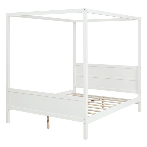 Queen Size Canopy Platform Bed With Headboard And Footboard, Slat Support Leg - White
