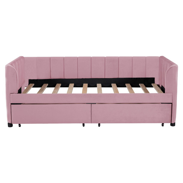 Twin Size Upholstered Daybed With Ergonomic Design Backrest And 2 Drawers - Pink