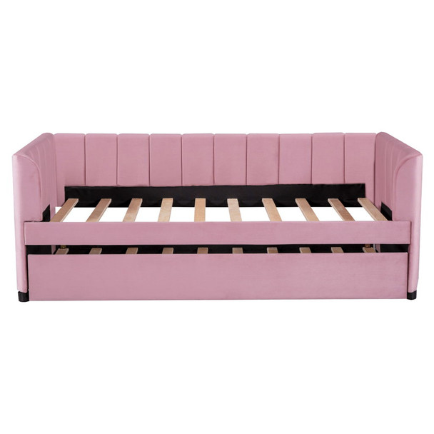 Twin Size Upholstered Daybed With Ergonomic Design Backrest And Trundle - Pink