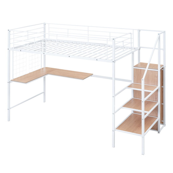 Twin Size Loft Bed With Desk And Grid, Stylish Frame With Lateral Storage Ladder And Wardrobe - White