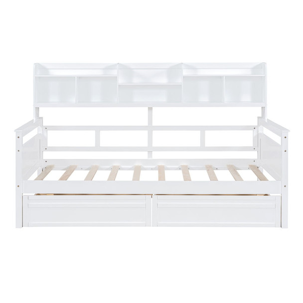 Twin Size Daybed, Slat Support, With Bedside Shelves And Two Drawers - White