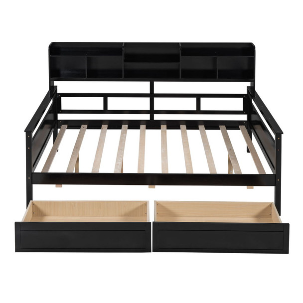 Full Size Daybed, Slat Support, With Bedside Shelf And Two Drawers - Espresso