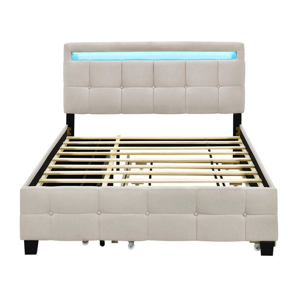 Queen Size Upholstered Platform Bed With LED Frame, With Twin Long Size Trundle And 2 Drawers - Beige