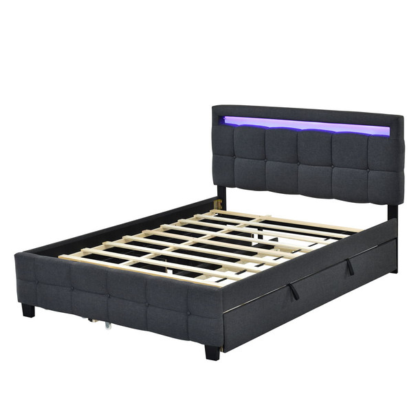 Queen Size Upholstered Platform Bed With LED Frame, With Twin Long Size Trundle And 2 Drawers - Gray