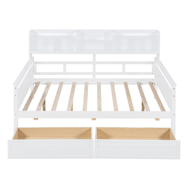 Full Size Daybed, Slat Support, With Bedside Shelf And Two Drawers - White