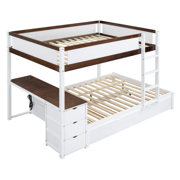 Full Over Full Bunk Bed With Twin Size Trundle, Storage And Desk - White / Walnut