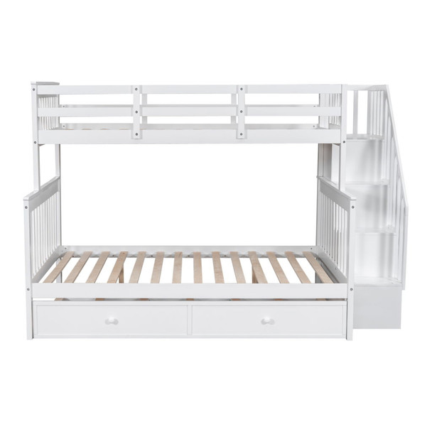 Twin Over Full Bunk Bed With Twin Size Trundle, Storage And Guard Rail For Bedroom - White